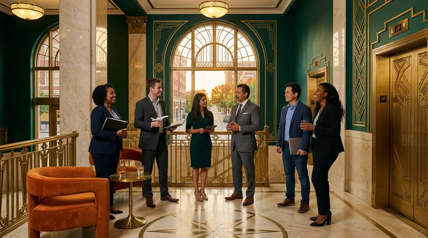Diverse business professionals from aerospace energy healthcare finance and IT industries gathered in a beautifully restored art deco lobby in downtown Tulsa Oklahoma with brass railings emerald walls and ivory cream marble floors