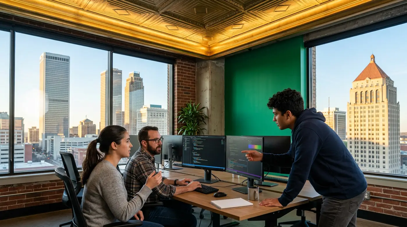 Software engineers and IT professionals collaborating around dual monitors at a clean desk in a modern downtown Tulsa Oklahoma technology office with art deco brass detailing and an emerald accent wall behind them