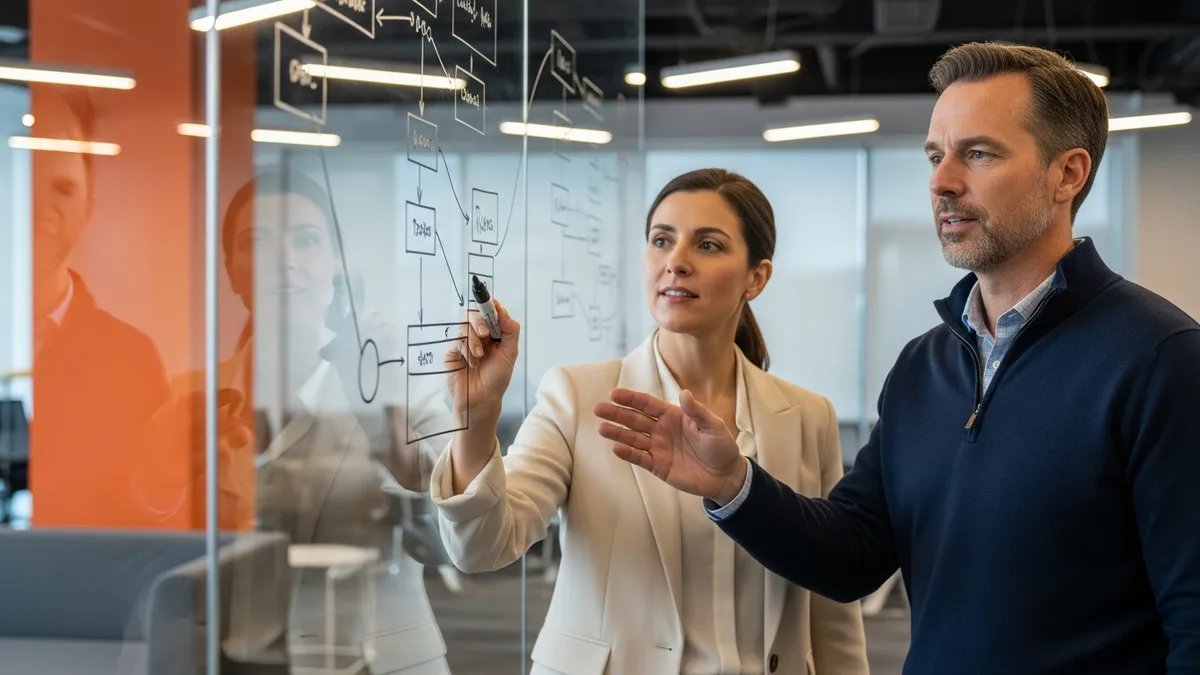 Two ex-Stripe platform engineers sketching API system architecture on a glass whiteboard during a 2026 interview loop