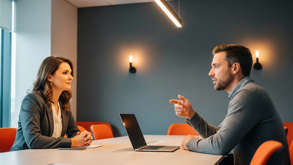 Hiring manager interviewing a senior ex-Stripe engineering candidate in a modern conference room during the 2026 fintech hiring cycle