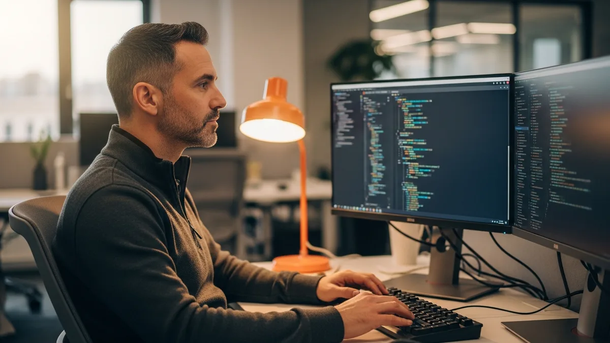 Senior ex-Stripe payment systems engineer at a workstation reviewing payments infrastructure code in 2026