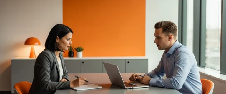 Hiring manager and software engineer candidate at modern interview table reviewing shared laptop in 2026 hiring loop