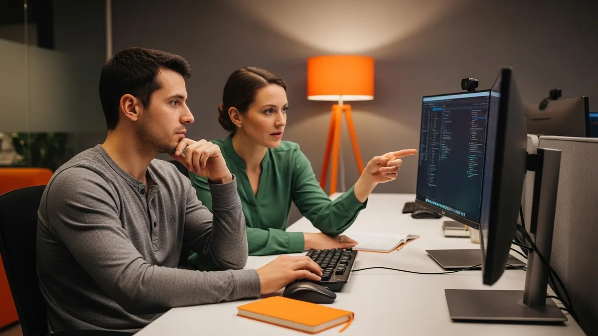 Software engineer and interviewer side by side at dual monitor workstation during live pair programming interview round