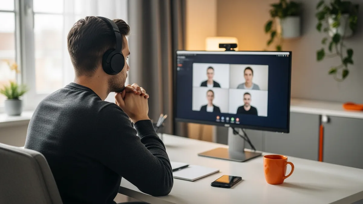 Software engineer candidate at home office desk in remote panel video interview with multi-tile video panel visible on monitor