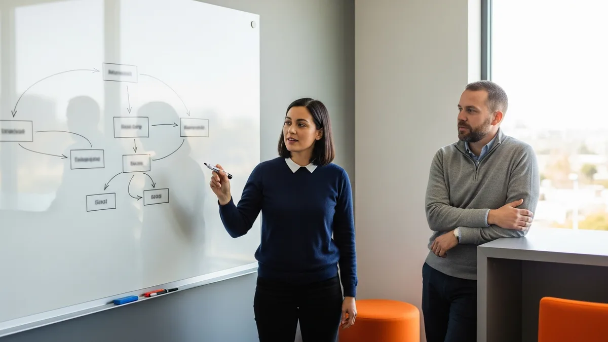 Two software engineers at whiteboard in collaborative system design interview discussing architecture diagram
