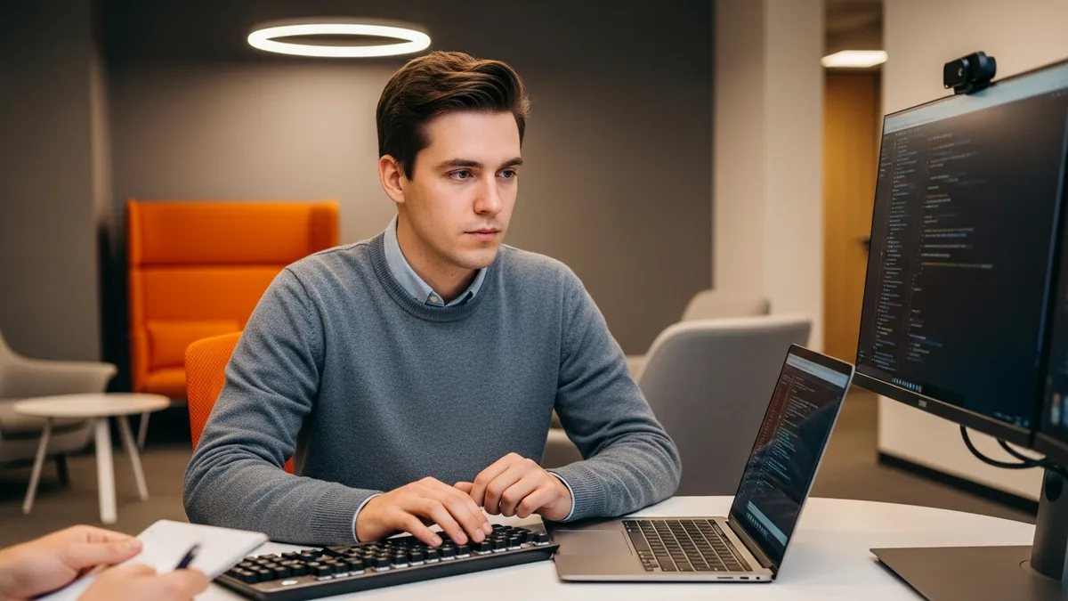 Software engineer candidate focused on shared screen during technical screen interview round in 2026 with interviewer taking notes