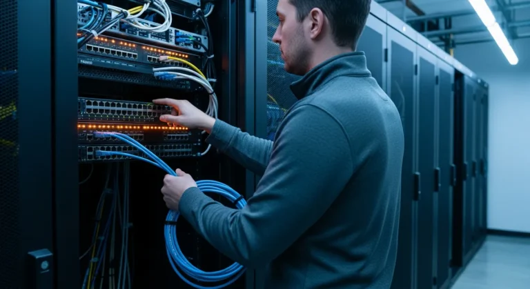 Systems administrator photographed from behind working hands-on at the patch panel of an enterprise server rack, holding a coiled blue ethernet cable