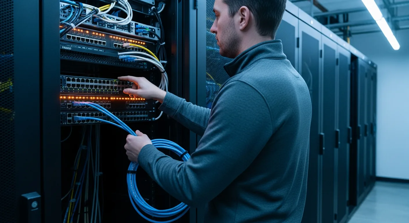 Systems administrator photographed from behind working hands-on at the patch panel of an enterprise server rack, holding a coiled blue ethernet cable