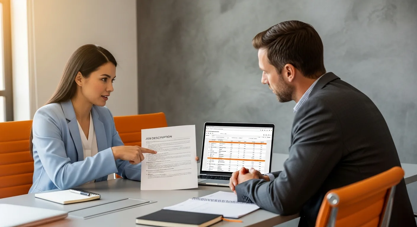 Hiring manager and IT director reviewing a printed systems administrator job description draft at a conference room table with a candidate tracking dashboard open on a laptop