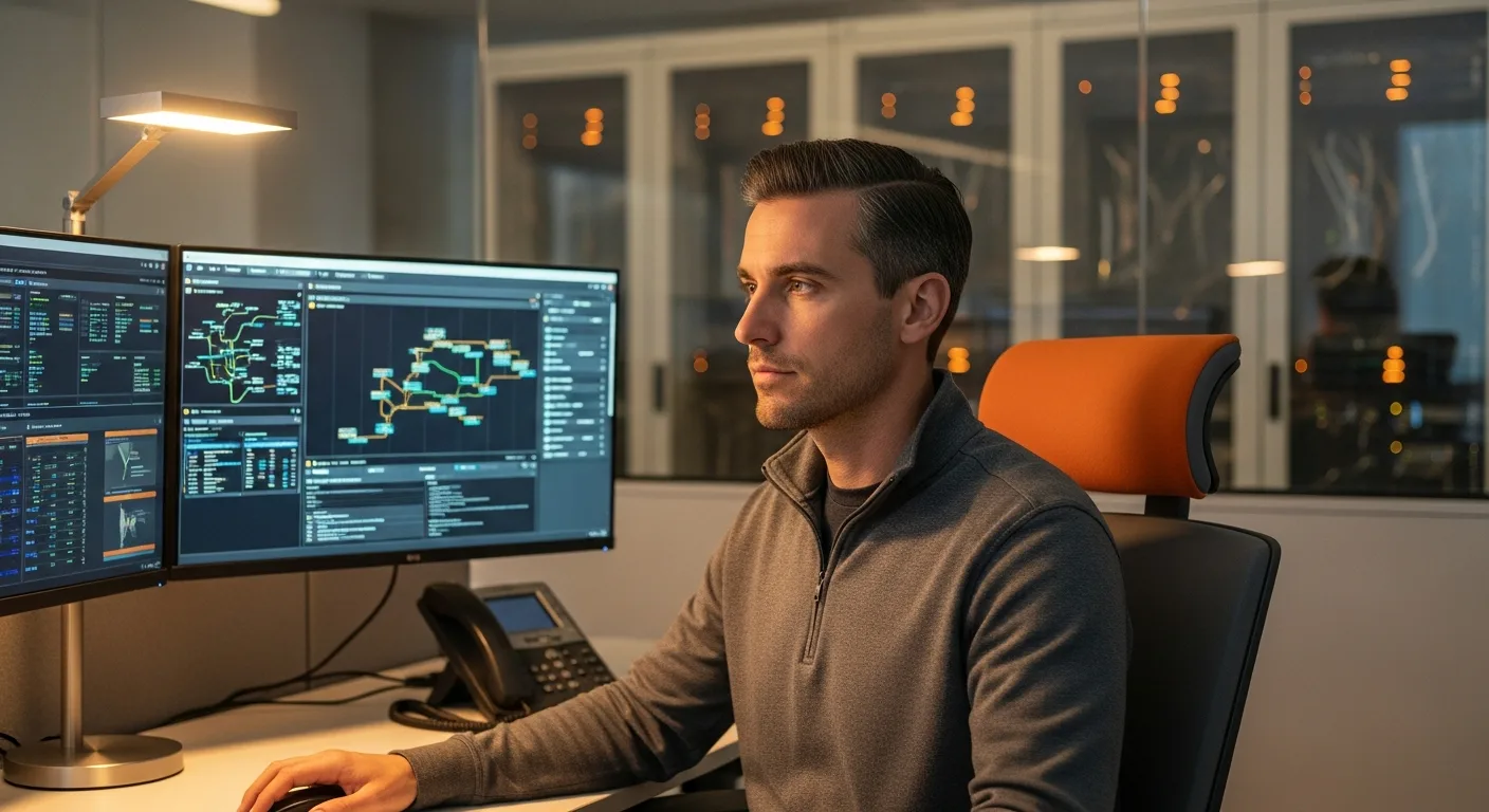 Systems administrator at an enterprise IT operations workstation monitoring server health, network topology, and identity audit metrics on a multi-panel dashboard