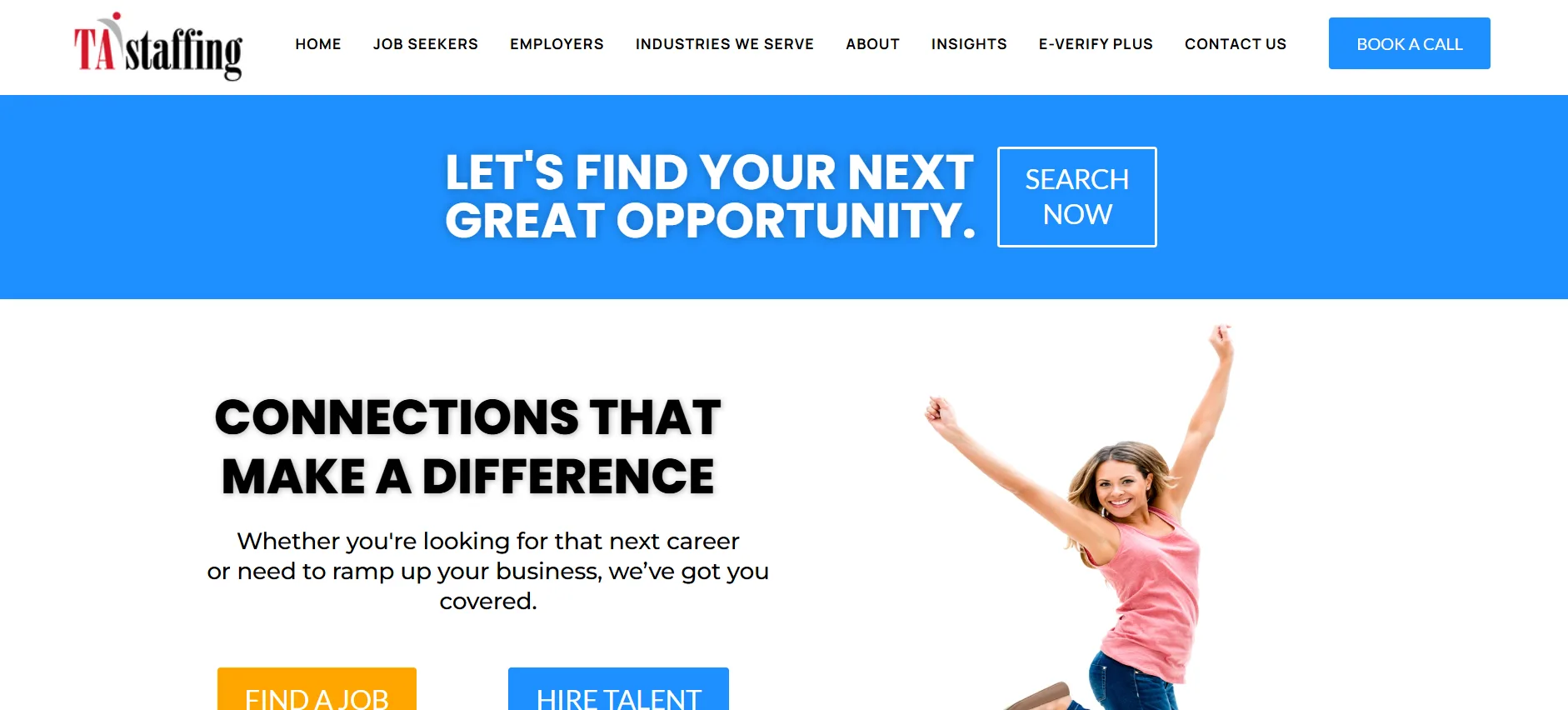TA Staffing homepage featuring the headline Connections That Make A Difference