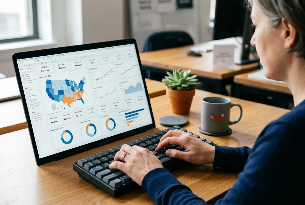 Tableau developer building dashboard with US heatmap, revenue line charts, and KPI tiles on laptop