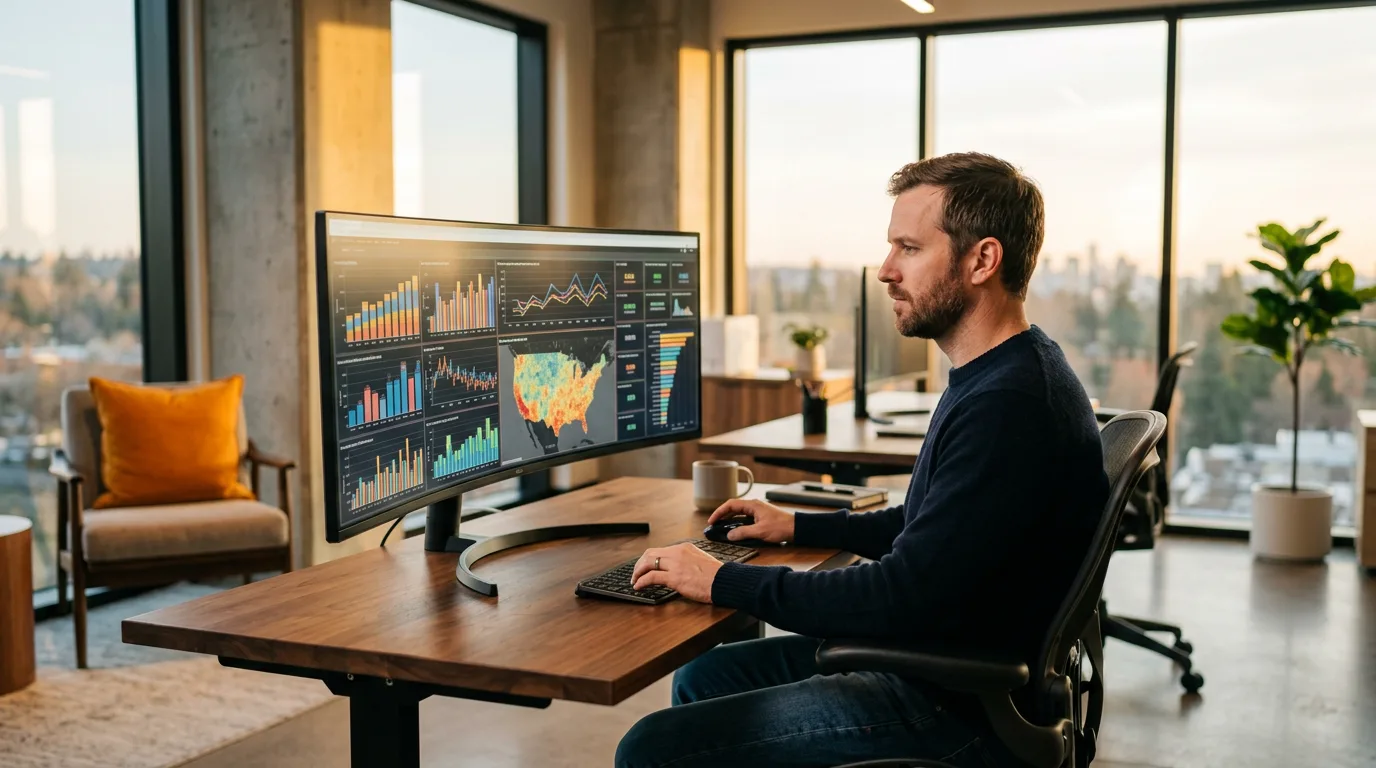 Tableau developer building executive dashboard with KPI tiles and US heatmap on ultrawide monitor
