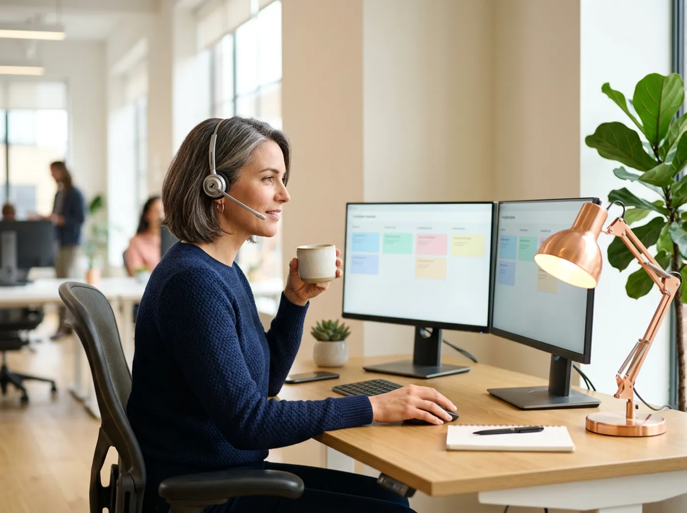 Senior corporate recruiter working a candidate pipeline in a sunlit modern office with two monitors and a headset