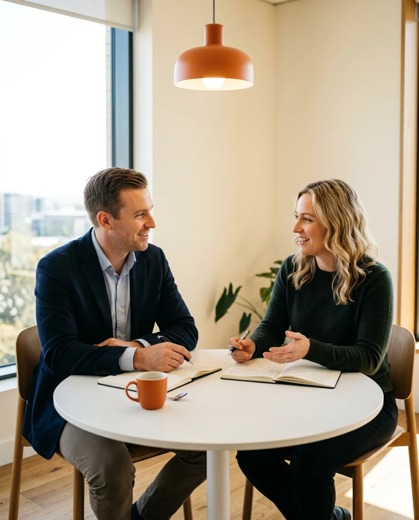 KORE1 talent acquisition consultant running an intake call with a hiring manager in a bright meeting room