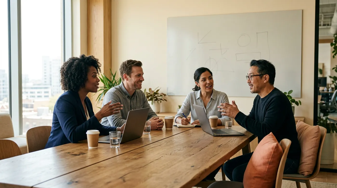 Four-person diverse talent acquisition pod working through an open requisition together in a sunlit modern office