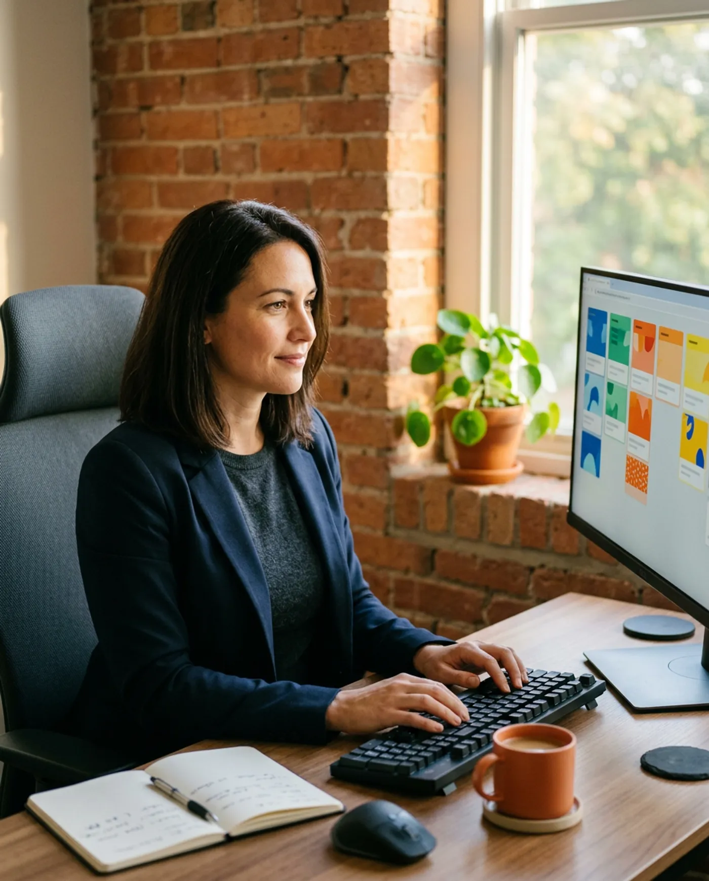Senior corporate recruiter reviewing a multi-column sourcing pipeline on a large monitor in a warm-lit home office