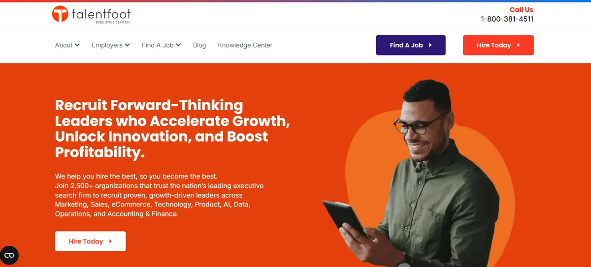 Talentfoot Chicago executive search firm homepage screenshot for senior leadership and C-suite hiring ranked best Chicago staffing agency for executive search 2026