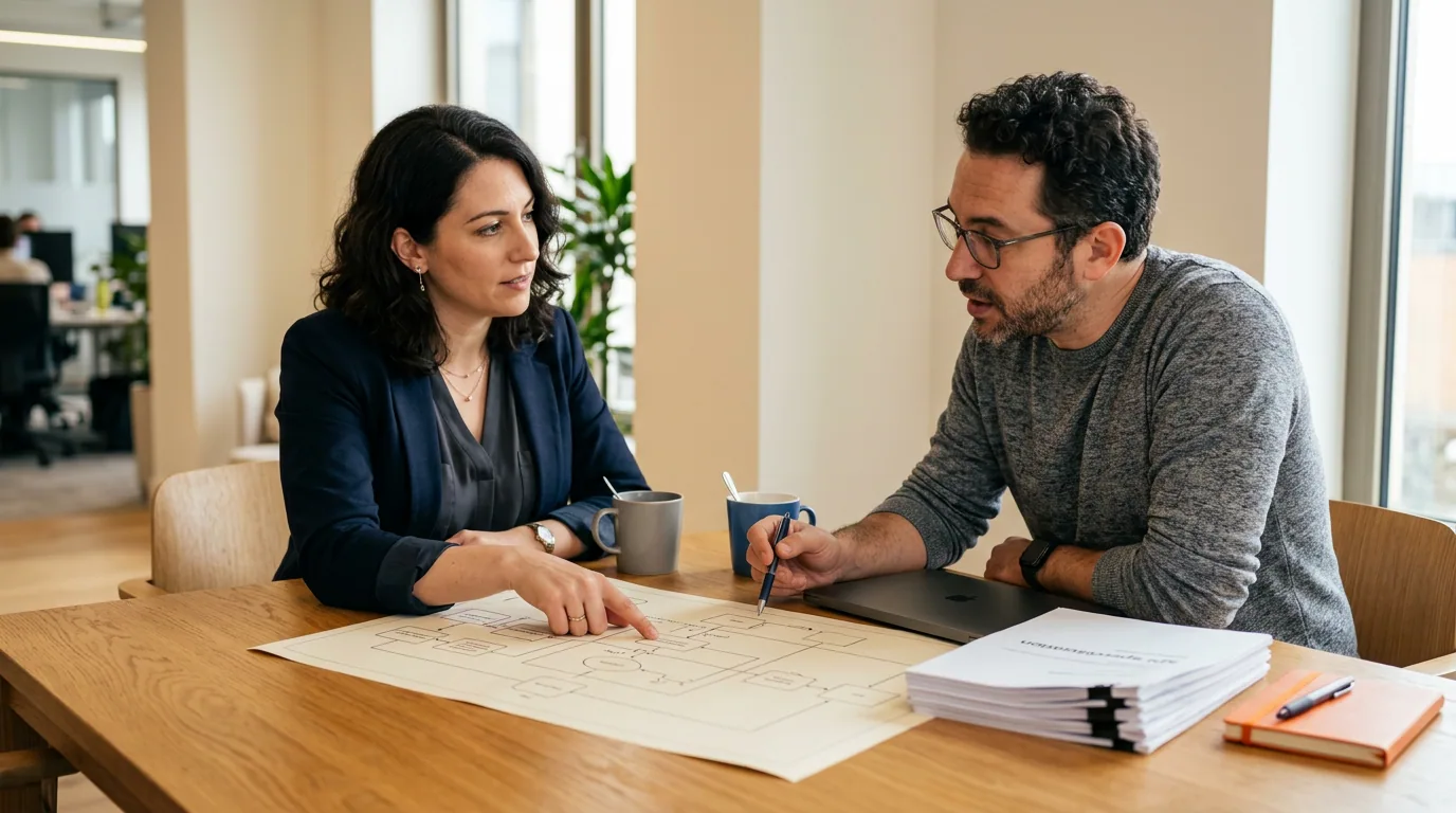 Technical product manager and lead engineer studying a printed system architecture diagram together on a wooden table with two coffee cups and an orange notebook