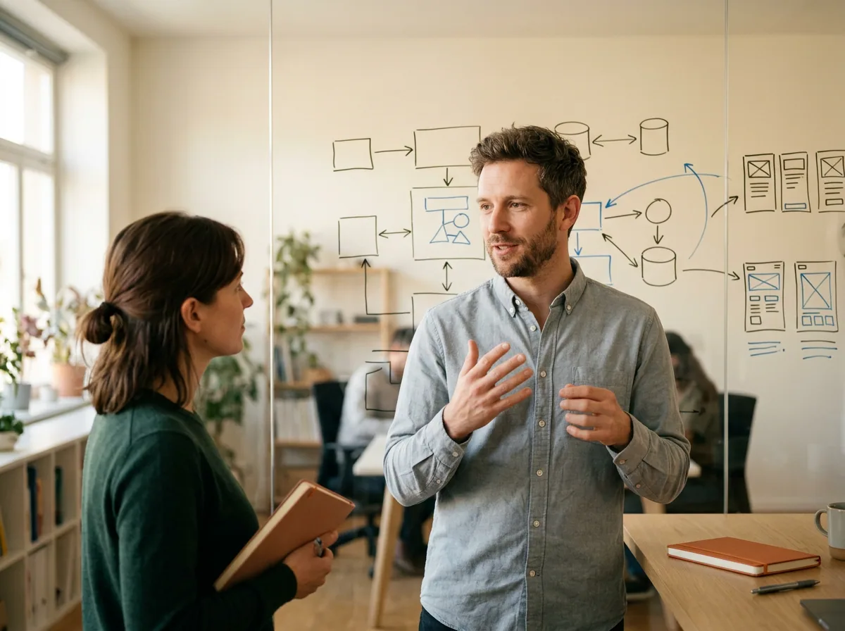 Senior technical product manager standing at a glass wall of hand-drawn system architecture diagrams in a warm modern office, mid-conversation with a lead software engineer