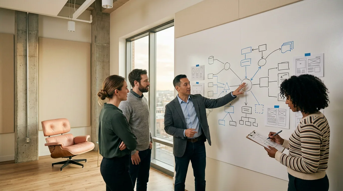 Four colleagues gathered around a wall of hand-drawn system topology diagrams in a warm modern engineering office, technical product manager in the center gesturing at a central node