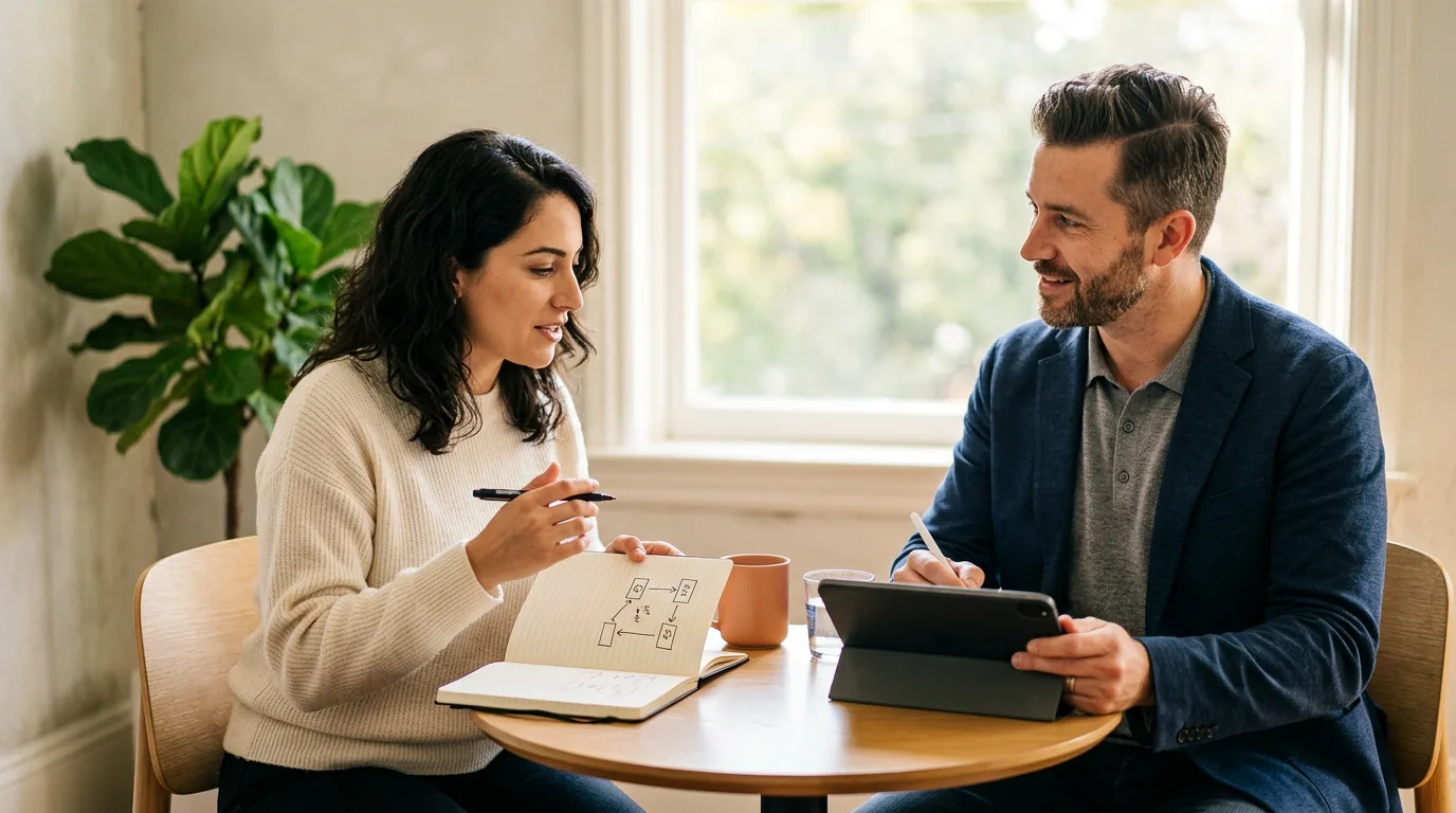 KORE1 recruiter interviewing a technical product manager candidate across a small wooden table while the candidate sketches a sequence diagram in a notebook