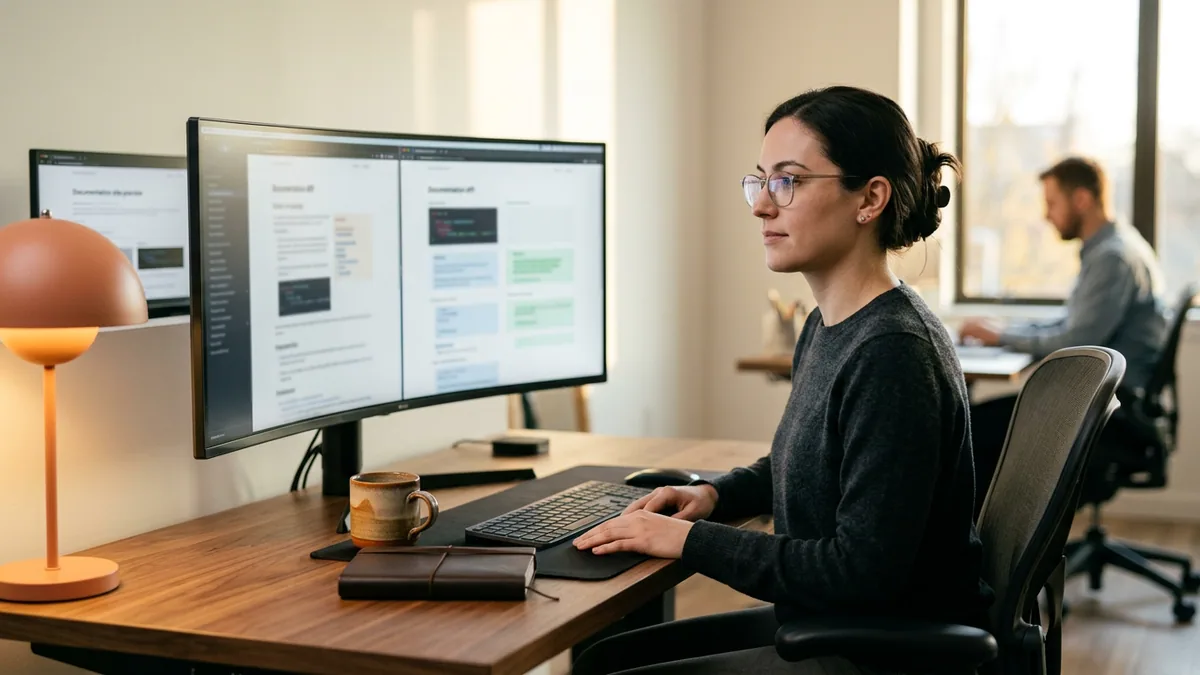 Technical writer reviewing a docs-as-code pull request diff and Mintlify preview side by side on dual monitors, KORE1 technical writer staffing
