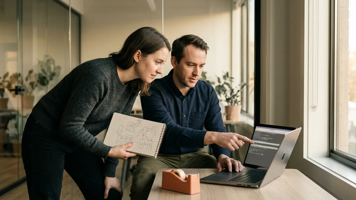 Technical writer and software engineer reviewing API sketches together at a glass-walled meeting nook during a KORE1 technical writer staffing engagement