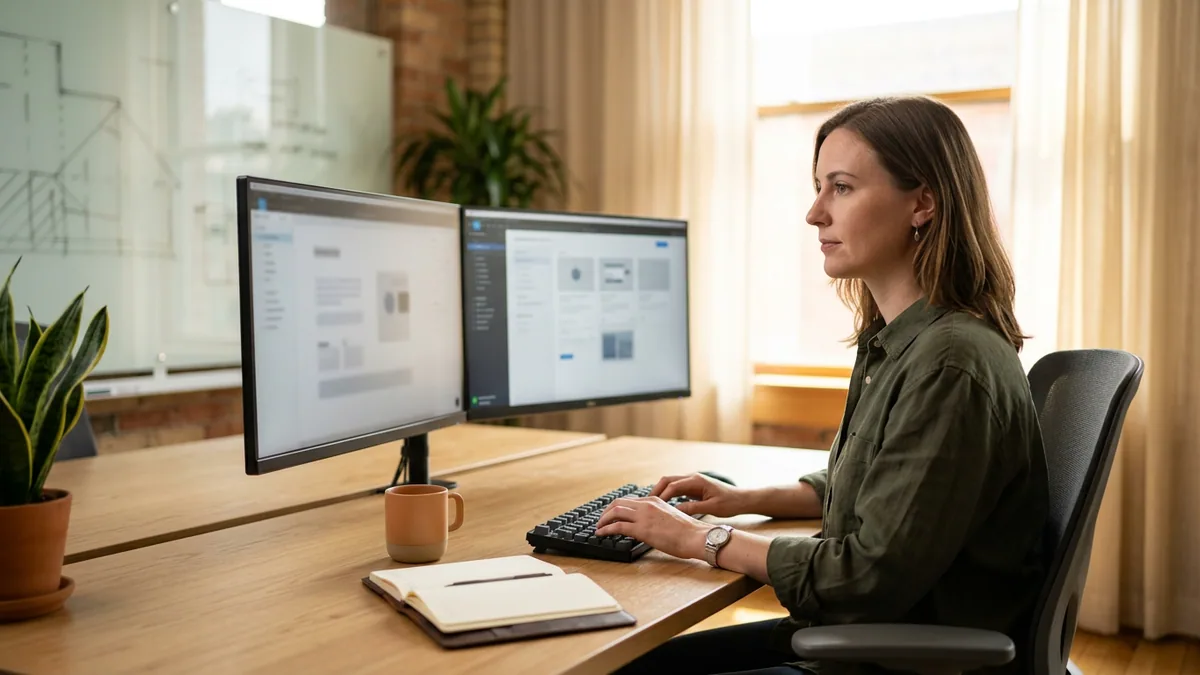 Senior technical writer reviewing API reference documentation and developer portal layouts on dual monitors, KORE1 technical writer staffing