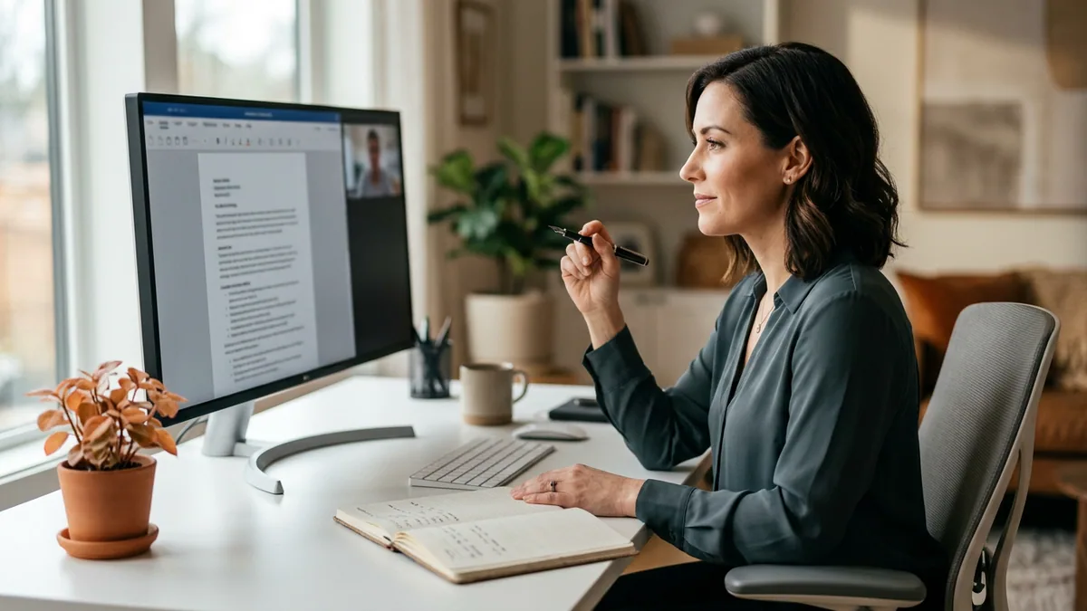 KORE1 senior recruiter on a video screen-share session reviewing a technical writer candidate writing sample with a hiring panel