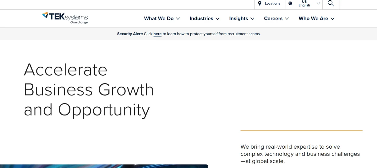 TEKsystems Dallas enterprise IT staffing homepage with Accelerate Business Growth and Opportunity tagline