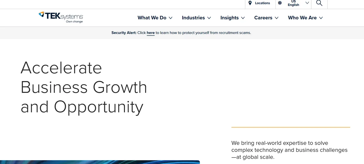 TEKsystems San Francisco homepage screenshot showing Accelerate Business Growth and Opportunity messaging