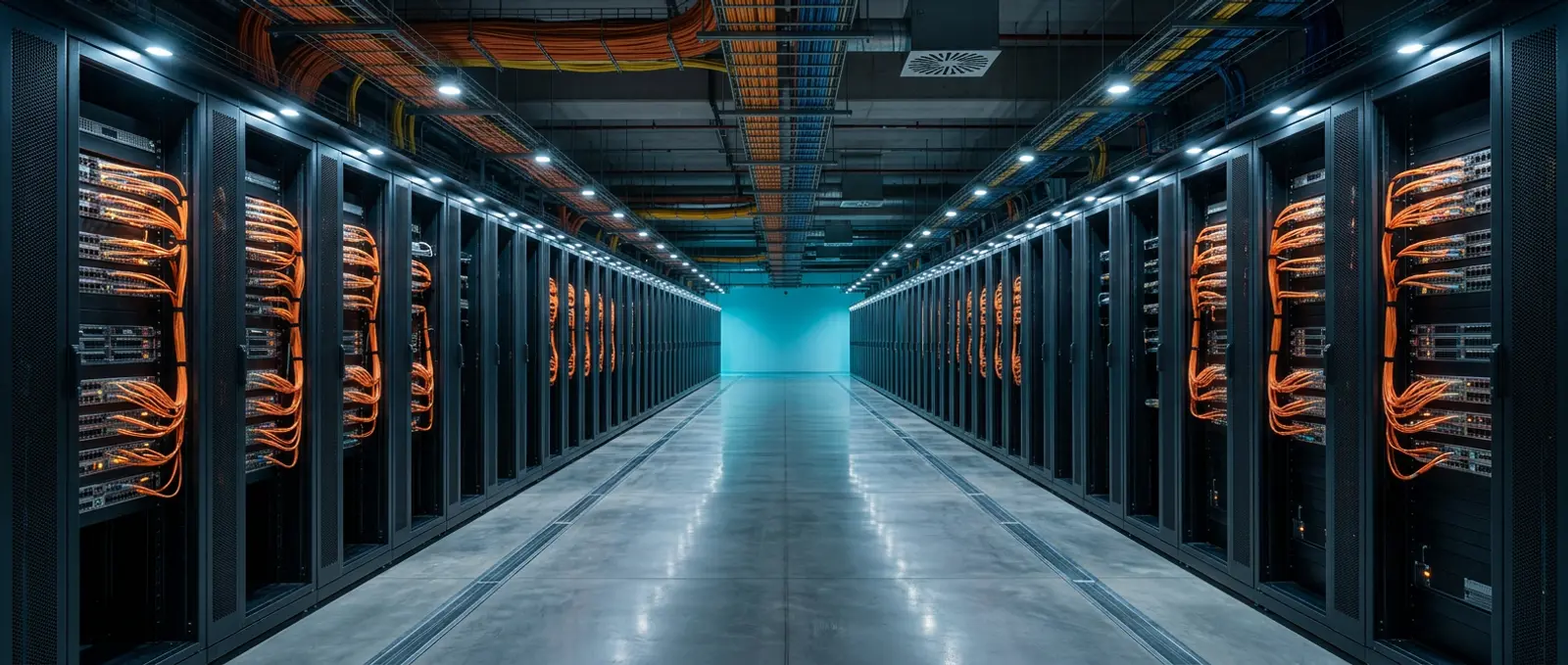 Wide view of a telecom central office aisle with carrier-grade fiber and routing equipment cabinets