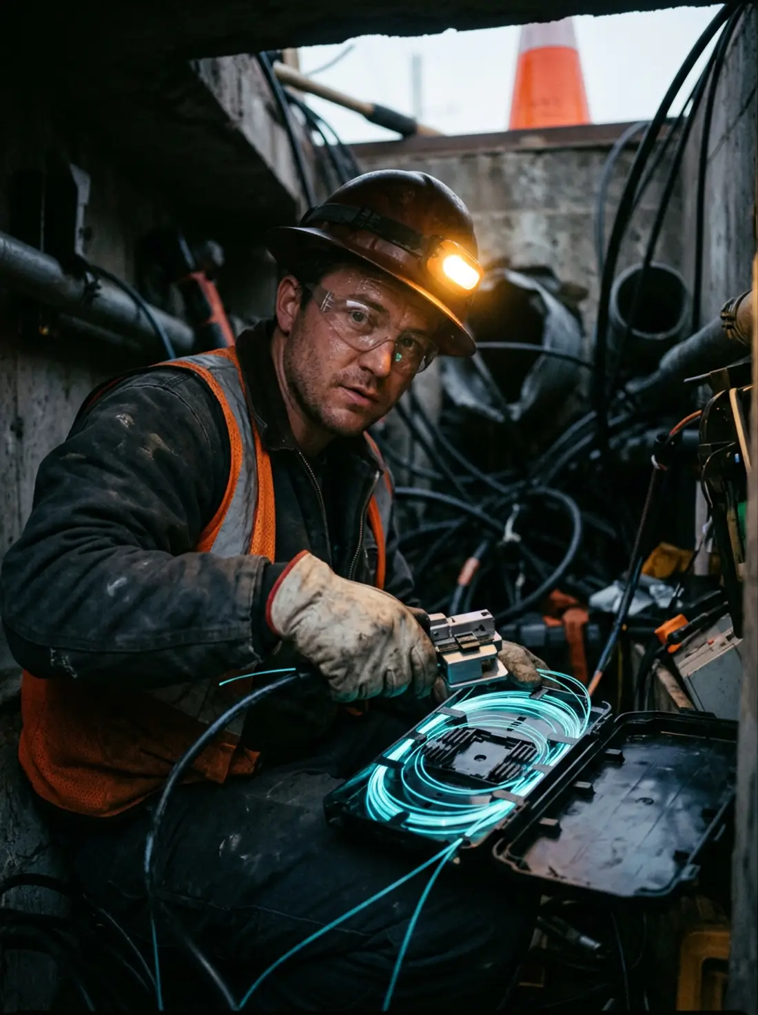 Fiber optic splice technician working inside a roadside utility vault during a 5G and fiber buildout