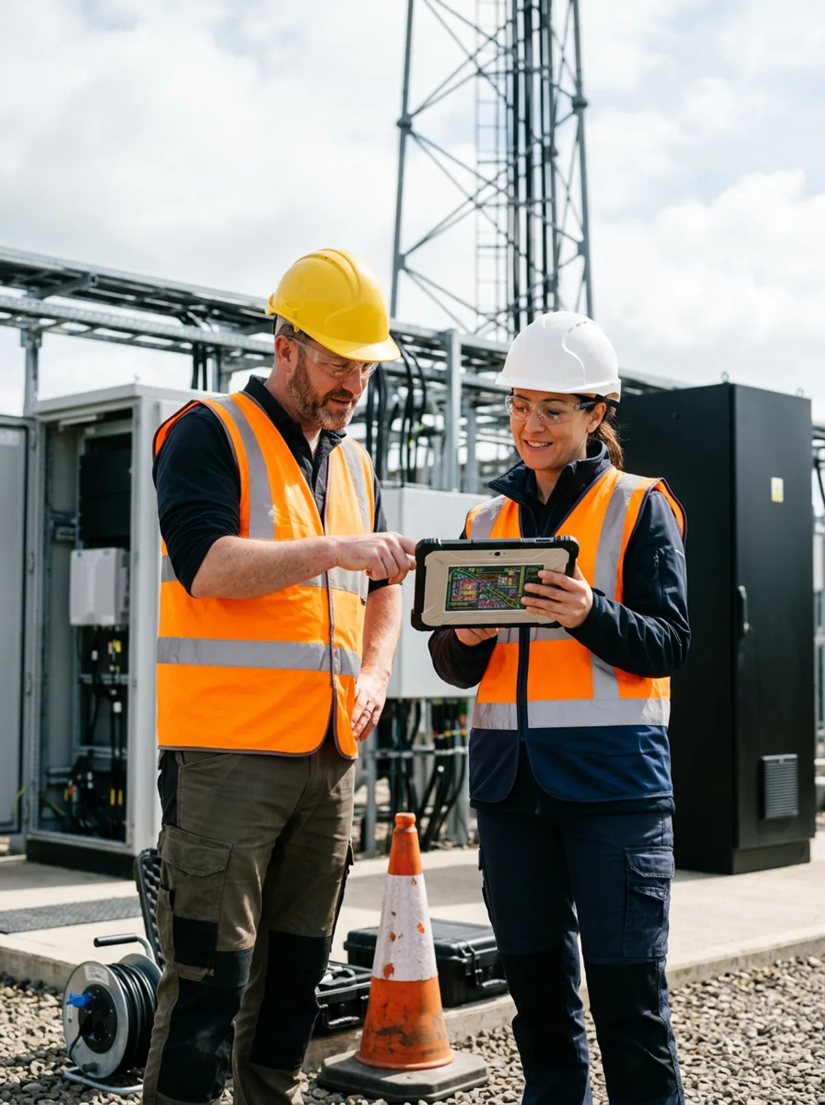 Telecom staffing project lead and senior network engineer reviewing a 5G fiber rollout plan at a carrier cell tower base station