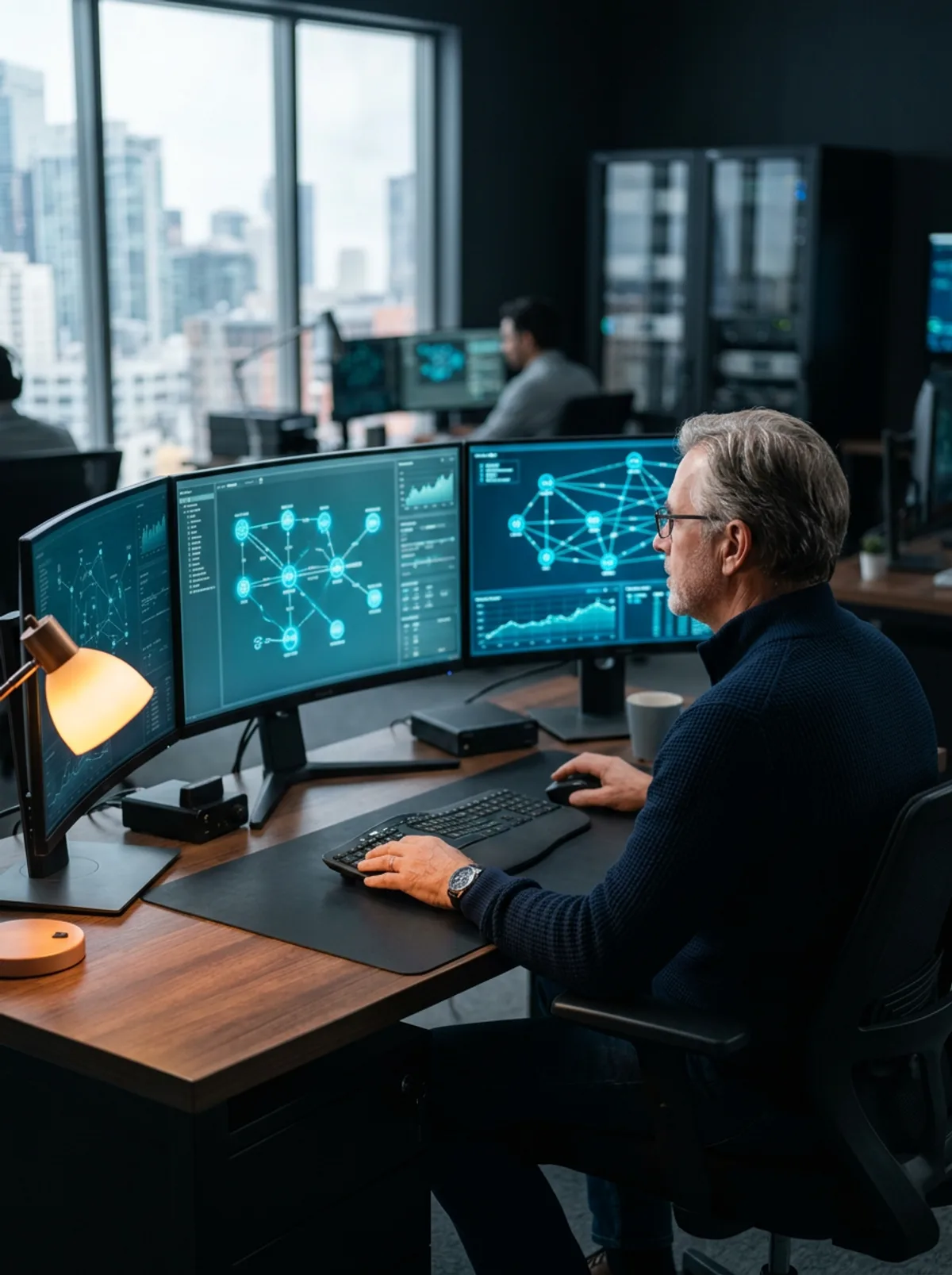 Senior carrier network engineer at a network operations center reviewing routing topology on multiple monitors