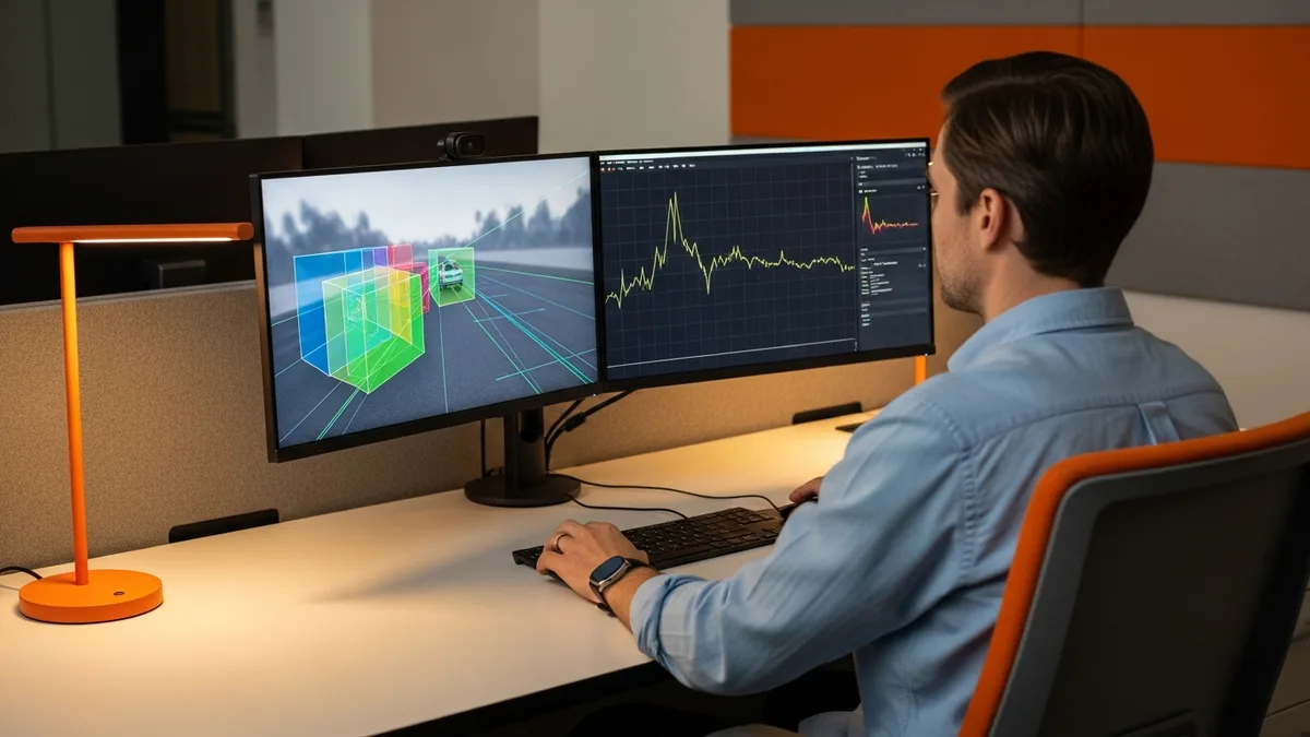 Senior Tesla Autopilot software engineer at a workstation reviewing FSD perception bounding boxes and planning trajectory outputs during Tesla layoffs 2026 talent reshuffle