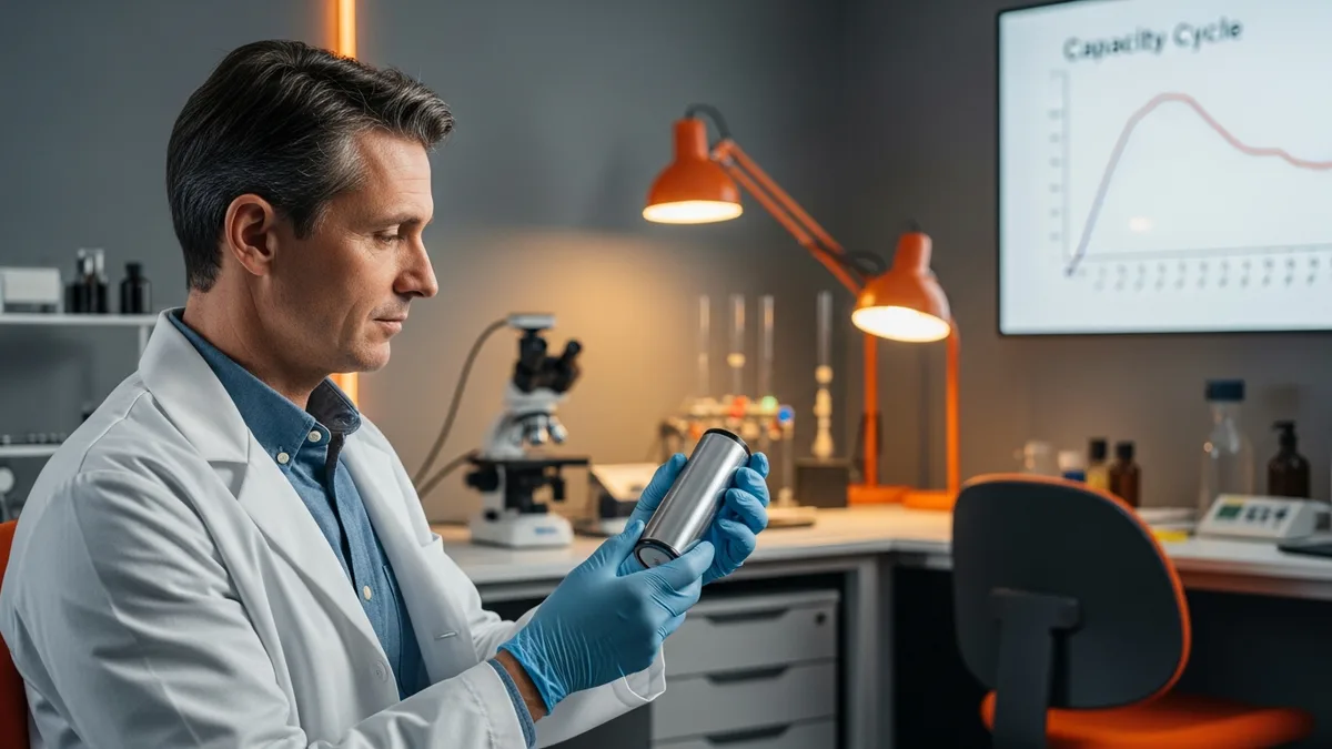 Senior Tesla battery cell engineer examining a cylindrical cell prototype in an electric vehicle battery research lab during Tesla layoffs 2026 dispersion to Rivian, Lucid, Ford Model e and Korean and Japanese cell joint ventures