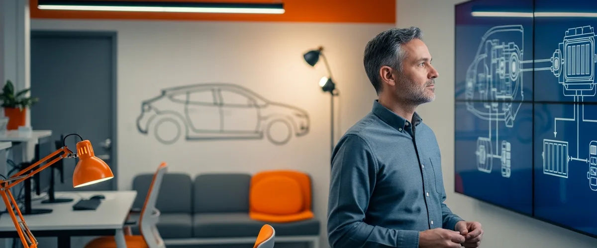 Tesla layoffs 2026 featured image — senior automotive engineer in electric vehicle engineering lab reviewing drive unit and battery pack topology