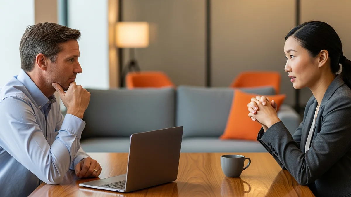 Senior hiring manager and recruiter in conversation across a conference table, discussing sourcing strategy for displaced senior Tesla engineering candidates from Autopilot, Optimus, Powertrain, and Dojo silicon teams in 2026