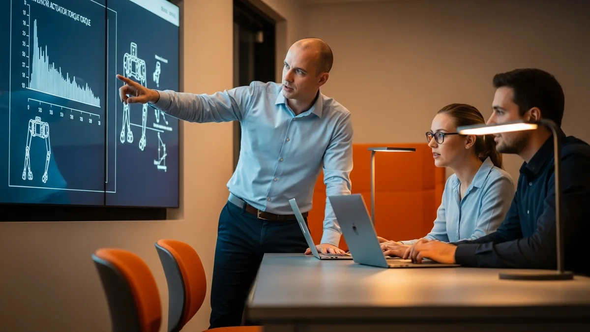 Humanoid robotics engineering team reviewing bipedal actuator torque profile and kinematic chain diagram, representative of senior Tesla Optimus alumni landing at Figure, Apptronik, 1X, and Agility Robotics in 2026