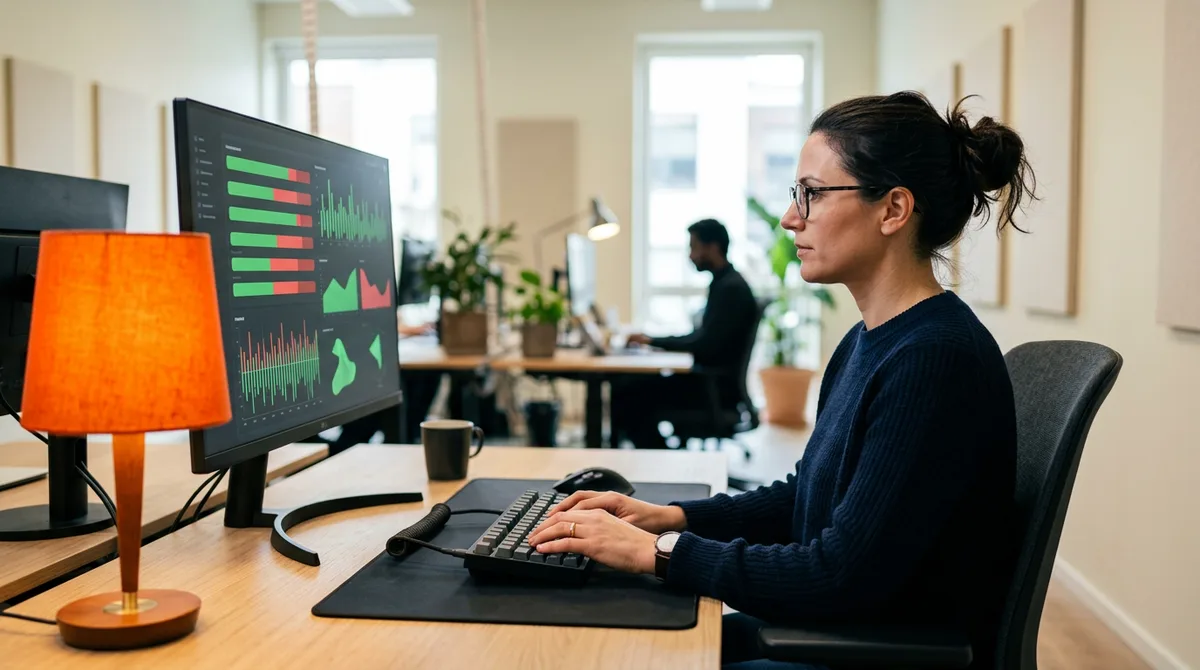 Senior test automation engineer monitoring a continuous integration dashboard with green pass and orange highlight indicators in a modern technology office