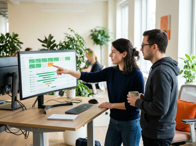Test automation engineer pair-programming with a teammate at a shared standing desk reviewing a continuous integration dashboard