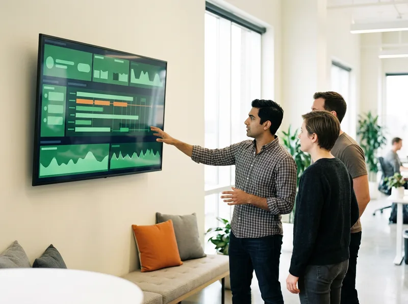 QA engineering team reviewing an automated test pipeline on a large wall display in a modern technology office