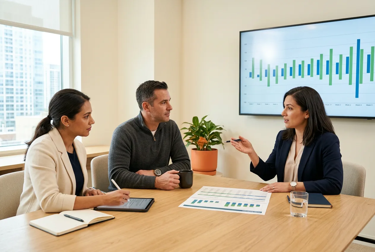 Three corporate finance professionals reviewing a weekly cash forecast and treasury reporting in a modern conference room