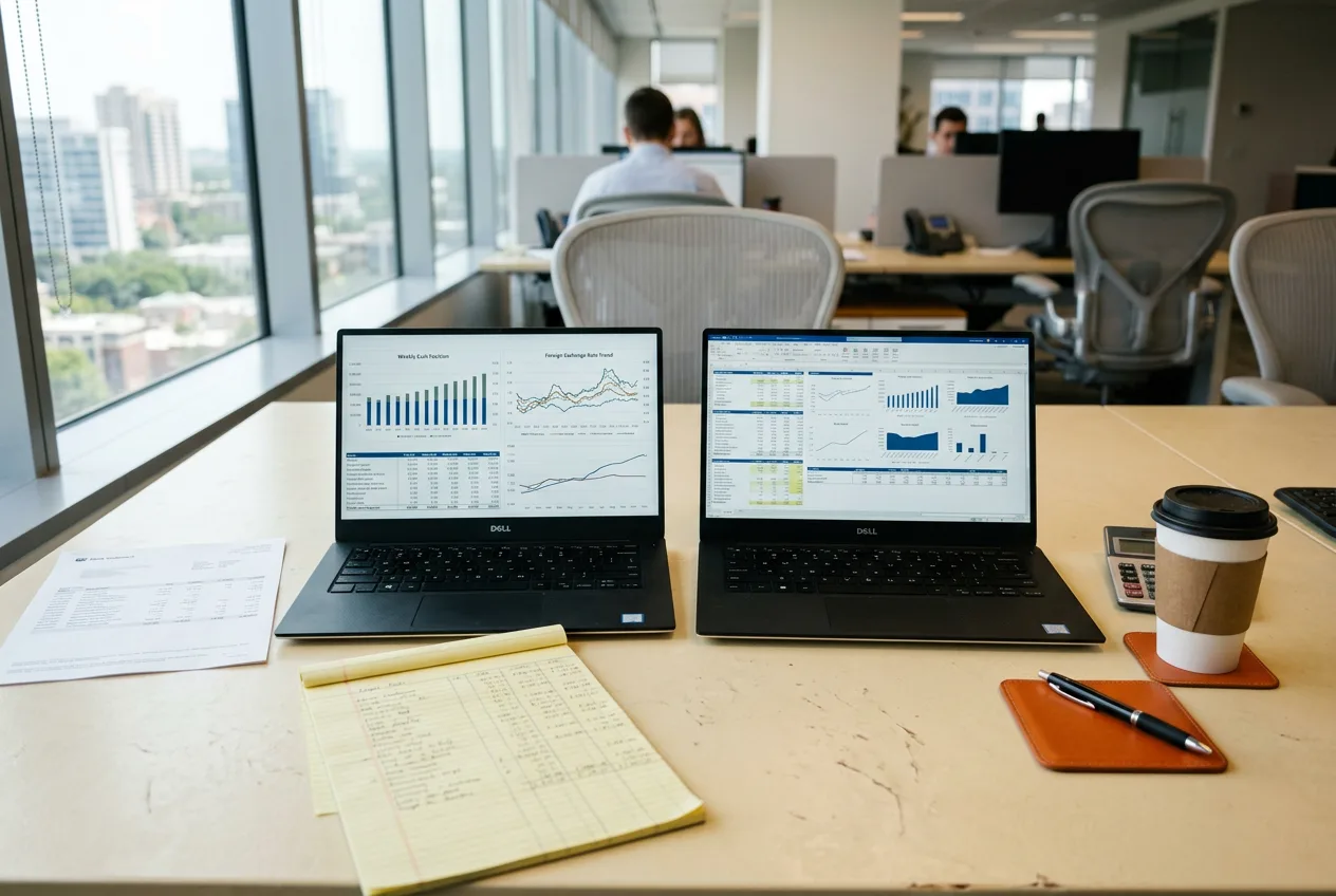 Close-up of a treasury analyst desk with two laptops showing cash position charts and FX rate trends, a printed bank statement and ledger notes
