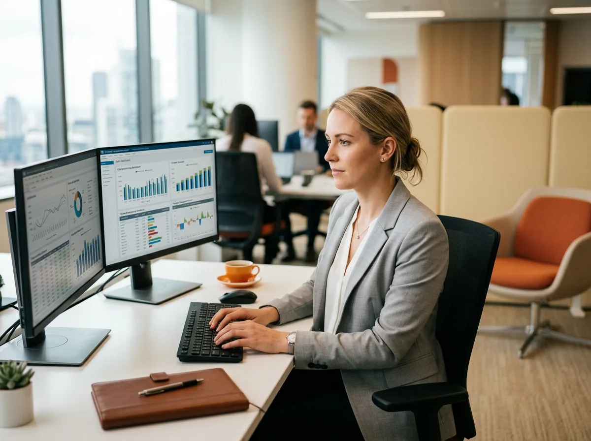 Treasury analyst reviewing a 13-week cash forecast and FX exposure dashboard on dual monitors, KORE1 treasury analyst staffing