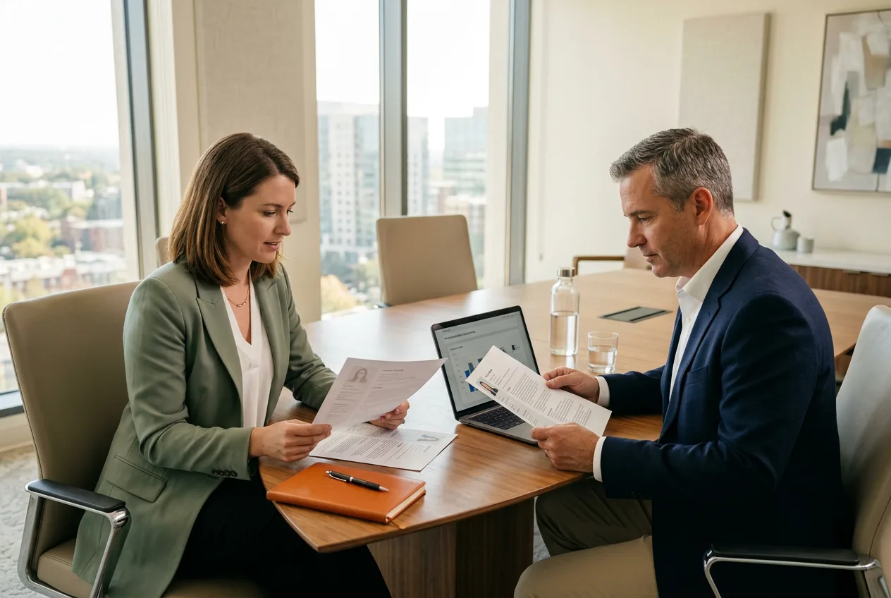 KORE1 recruiter and corporate treasurer reviewing treasury analyst candidate resumes in a modern meeting room