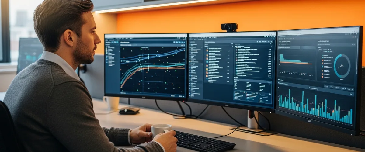 Senior Twilio Communications platform engineer reviewing voice and messaging dashboards across three monitors during 2026 CPaaS talent reset