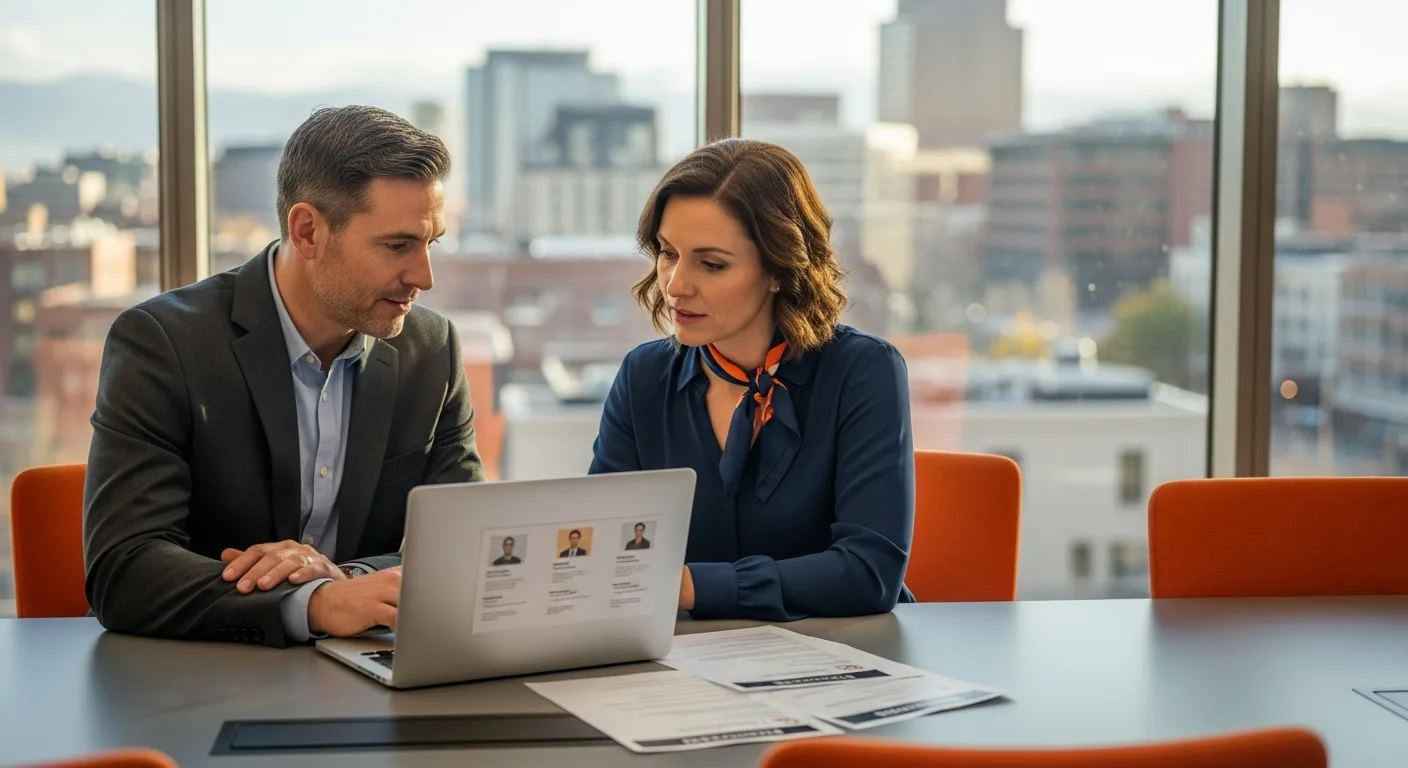 Hiring manager and recruiter reviewing senior CPaaS and Twilio-adjacent candidate profiles in a Denver-area conference room in 2026